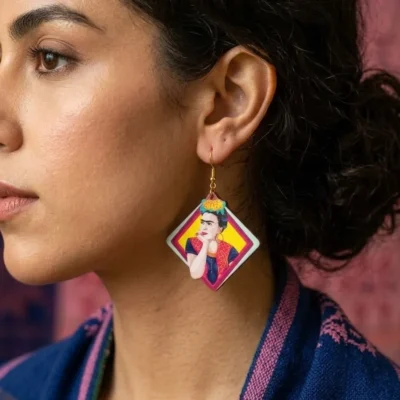 15ΣΚ33 " Ξύλινο σκουλαρίκι Frida Kahlo "